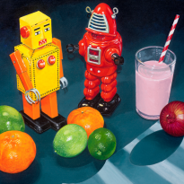 Two Robots, Fruit, a Strawberry Milk and Onion