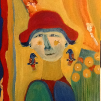 Woman in Red Hat and Parrot Ear Rings